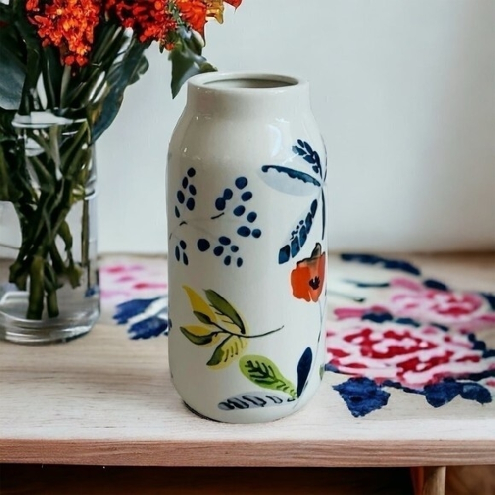 Threshold White Ceramic Vase Handcrafted Floral Print Stoneware 8" Farmhouse New